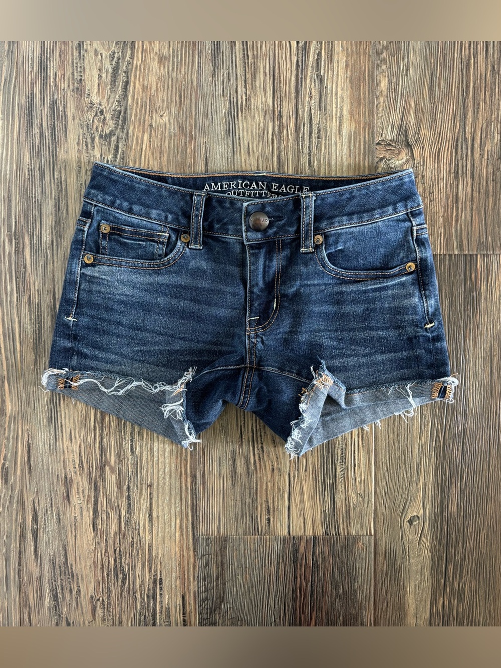 American Eagle Super Stretch Shortie Dark Blue Denim Shorts 0 Cuffed Raw Hem